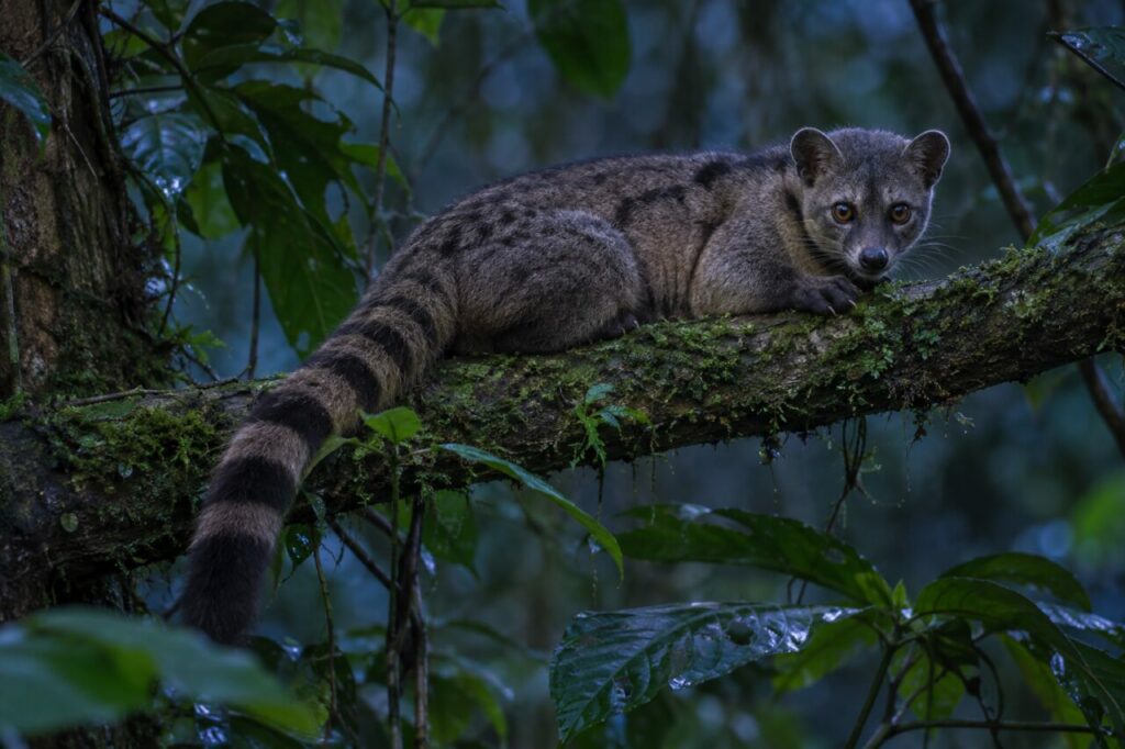 Repos: Civette palmiste africaine au repos sur une branche moussue