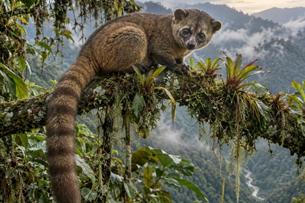 Repos de l’olinguito au-dessus d’un ravin forestier