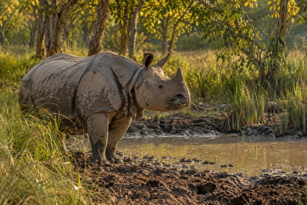 Adulte et jeune rhinocéros indiens dans les roseaux d’une plaine humide