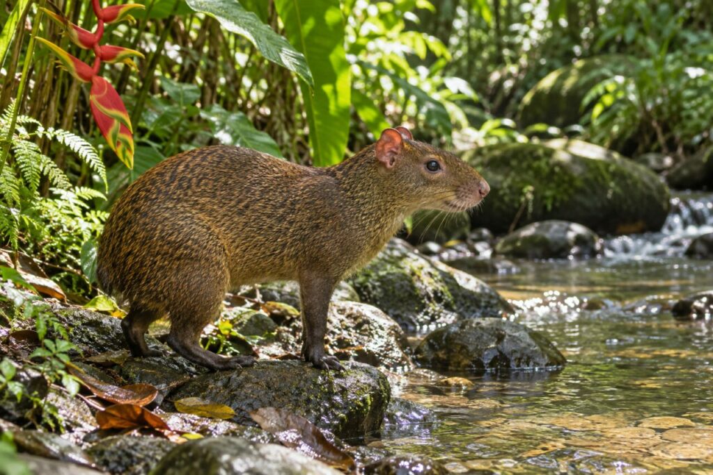 Rive du ruisseau — agouti d’Amérique centrale (Dasyprocta punctata), observant une berge claire