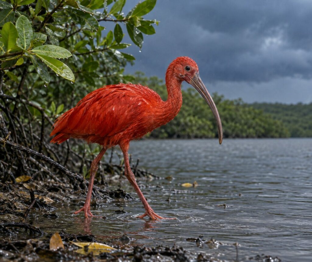 Rive sous la pluie — ibis rouge (Eudocimus ruber), marchant près de la lagune colombienne