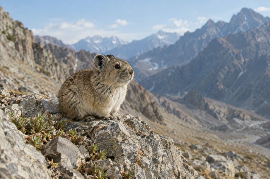 Roche fleurie — pika d’Ili (Ochotona iliensis) au pied d’un bloc calcaire parmi les plantes coussinées des Tian Shan