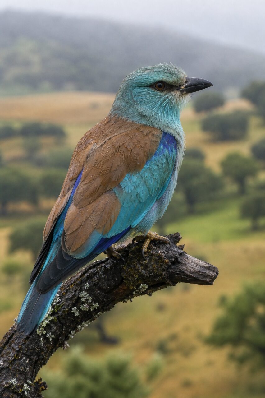 Carraca europea adulta tras la lluvia sobre una rama musgosa de Extremadura — fotografía naturalista europea