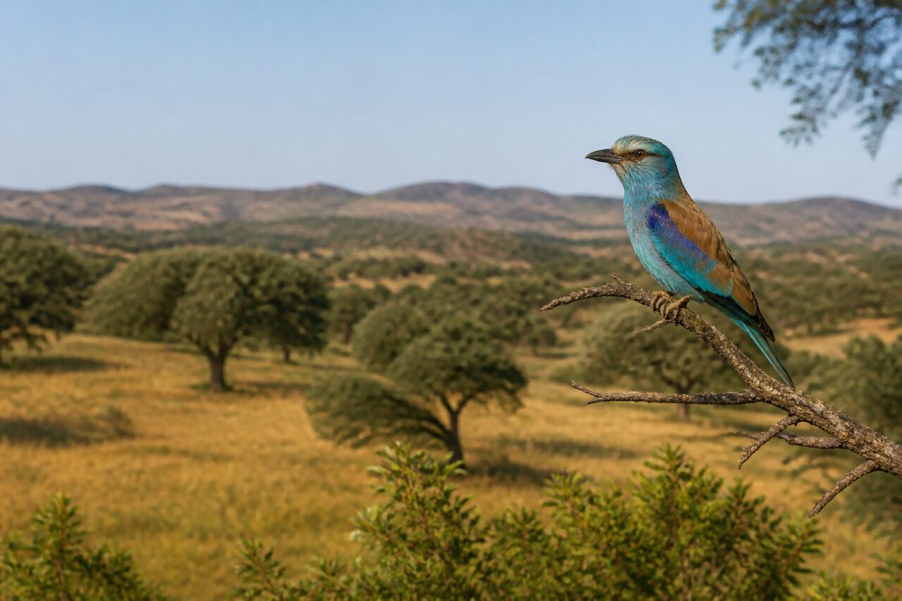 Rolieiro-europeu adulto pousado num ramo na dehesa da Estremadura — fotografia naturalista europeia