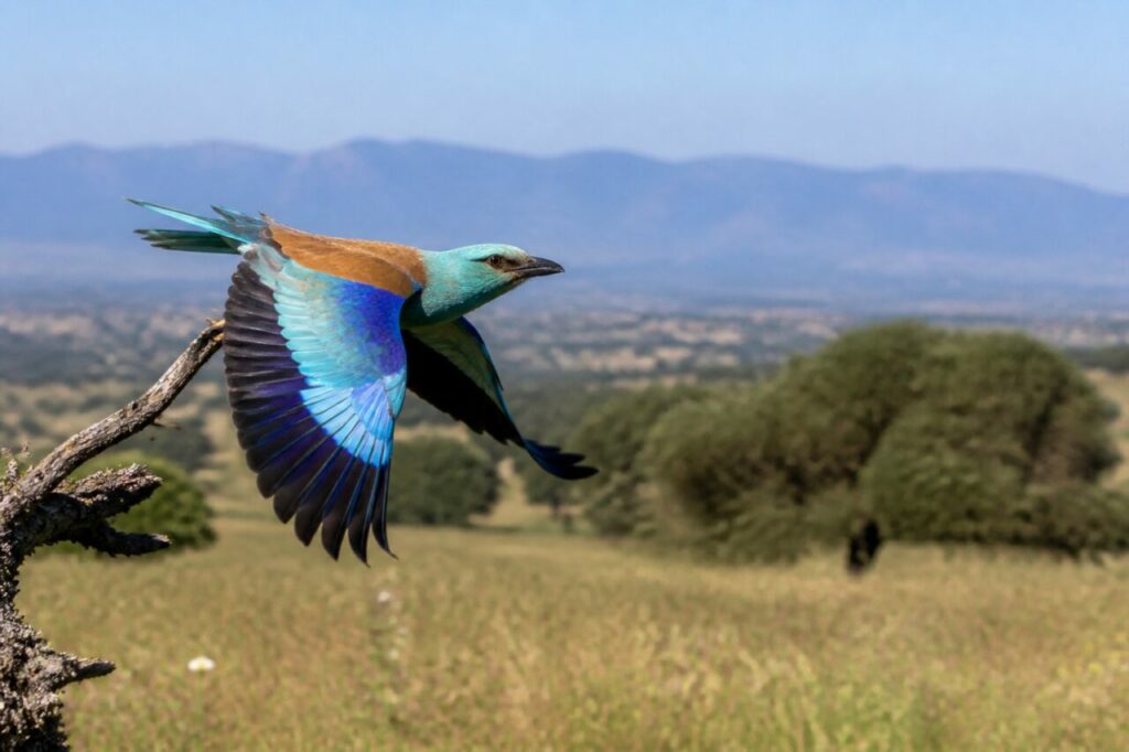 Blauracke im Flug mit ausgebreiteten Flügeln über einer trockenen Ebene der Extremadura
