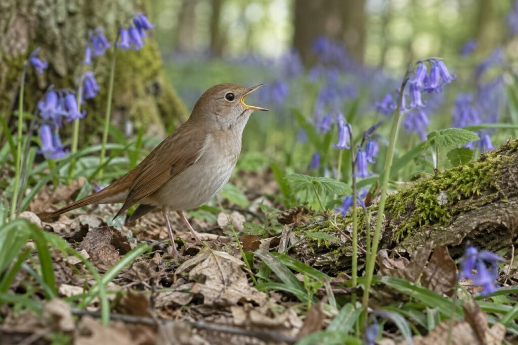 Ruiseñor común del bosque europeo — on the forest floor among bluebells