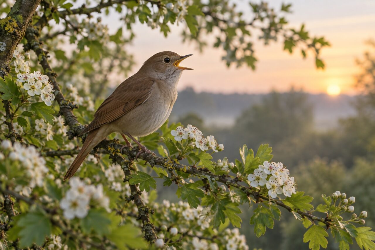 Rouxinol-comum dos bosques europeus — perched among hawthorn branches at dawn