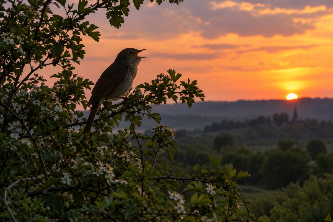 Ruiseñor común del bosque europeo — silhouette in a hedge at evening