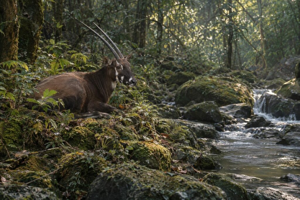 Ruisseau annamite — saola (Pseudoryx nghetinhensis) près d’un ruisseau ombragé de la cordillère annamitique