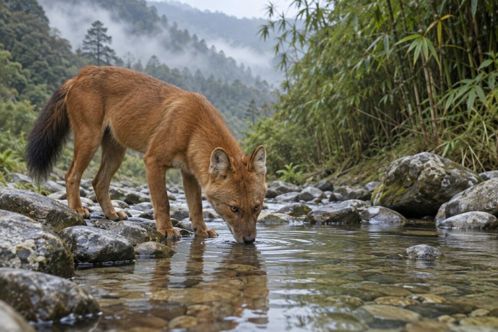 Ruisseau du Bhoutan — dhole d’Asie (Cuon alpinus), buvant entre les bambous