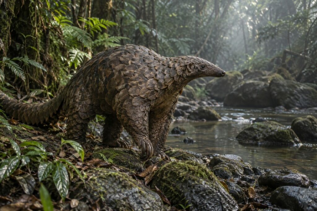 Entre pierres et fougères — pangolin géant (Smutsia gigantea) longeant un ruisseau sous la brume