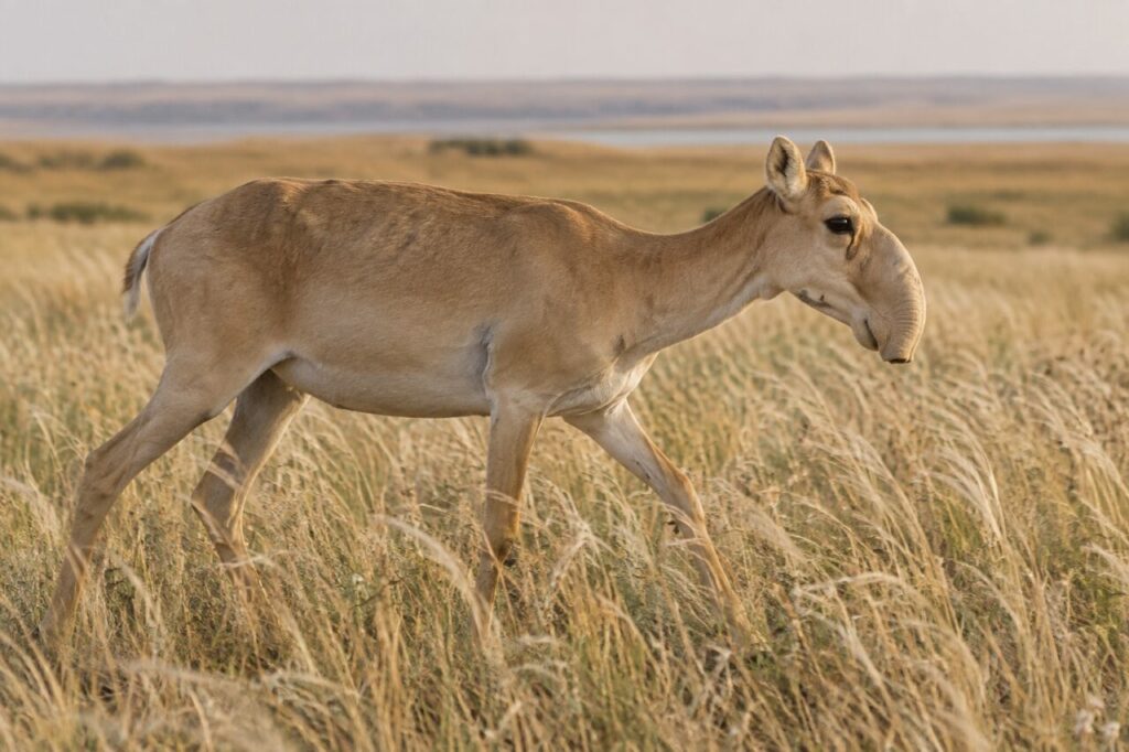 Saïga femelle marchant dans les hautes herbes sèches de la steppe