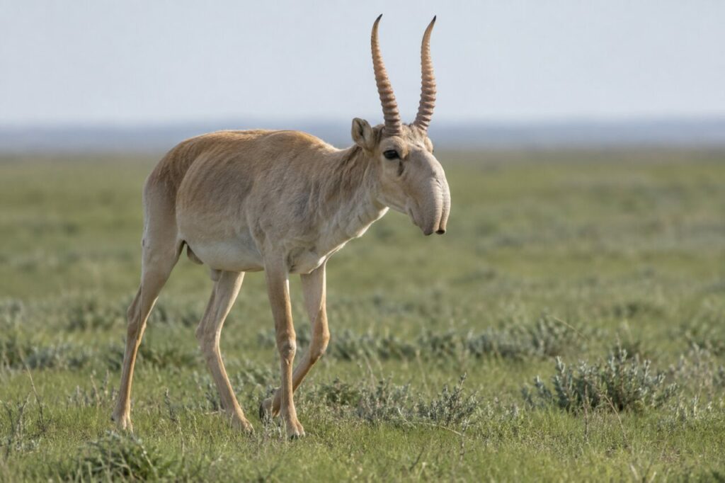 Saïga mâle aux cornes annelées dans la steppe verte du printemps
