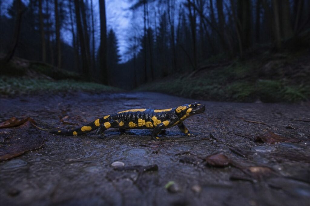 Salamandre tachetée européenne sur un chemin forestier humide