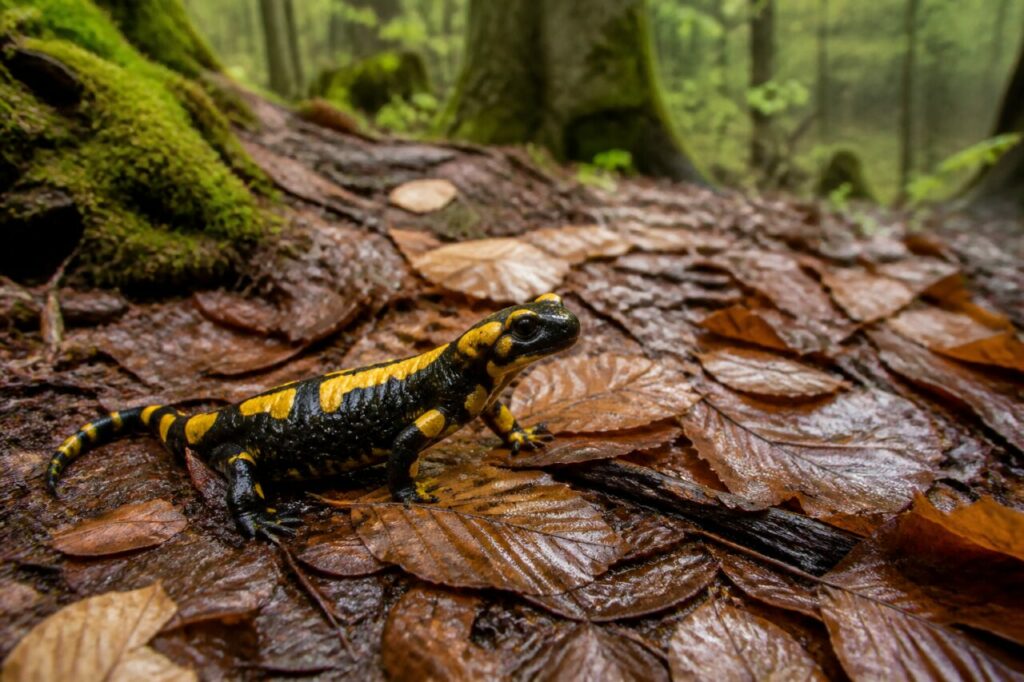 salamandre tachetée sur des feuilles de charme mouillées après l’averse en sous-bois européen
