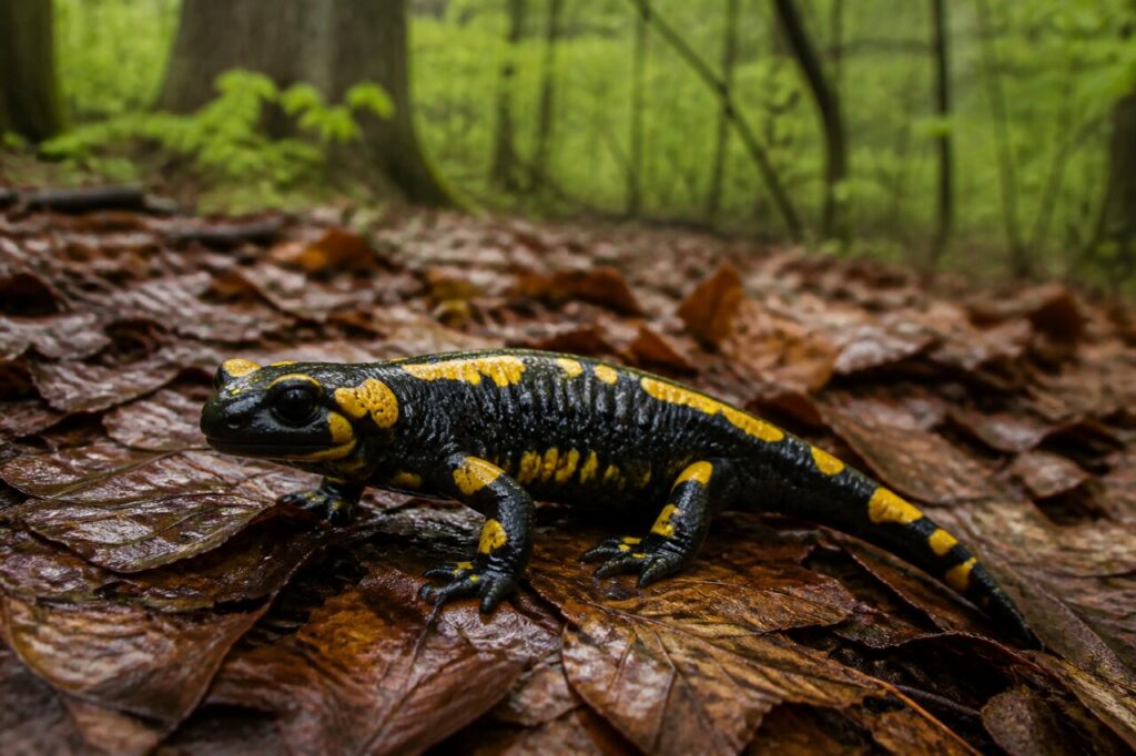 Salamandre tachetée européenne sur feuilles mortes mouillées