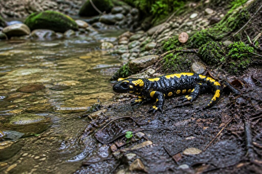 Salamandre tachetée européenne au bord d’un ruisselet forestier