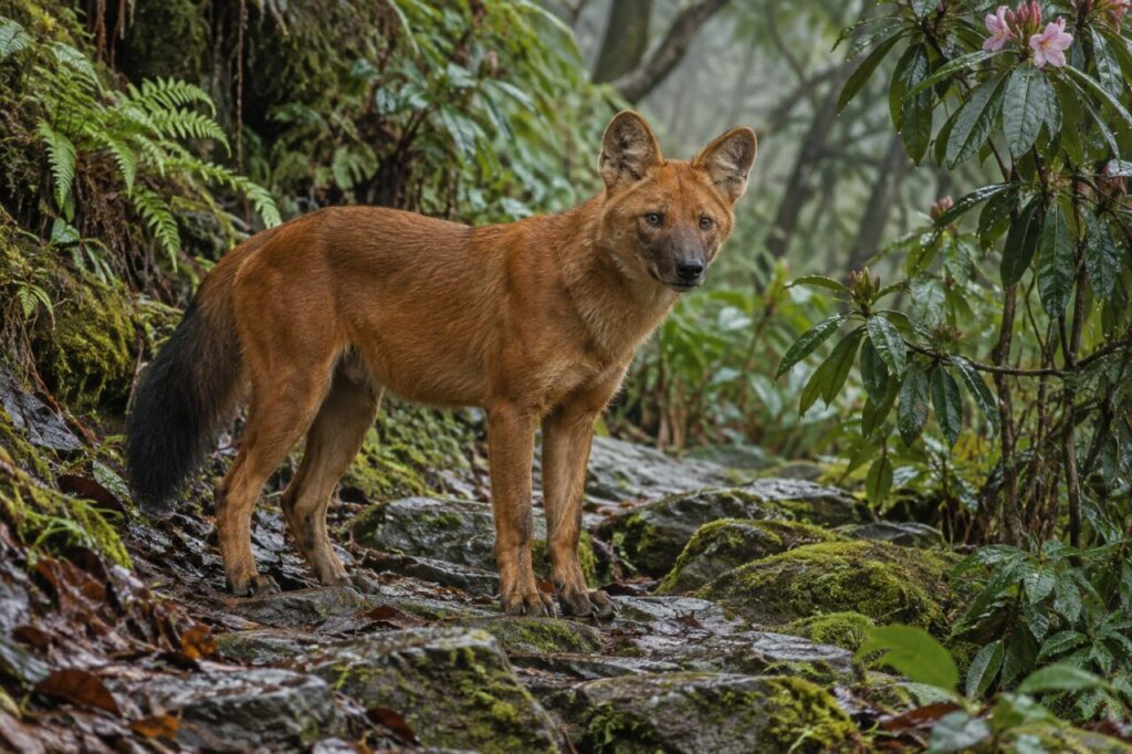 Sentier moussu — dhole d’Asie (Cuon alpinus), avançant parmi les fougères détrempées
