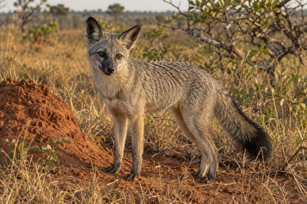 Silhouette — Renard des savanes près d’une termitière rouge du Cerrado