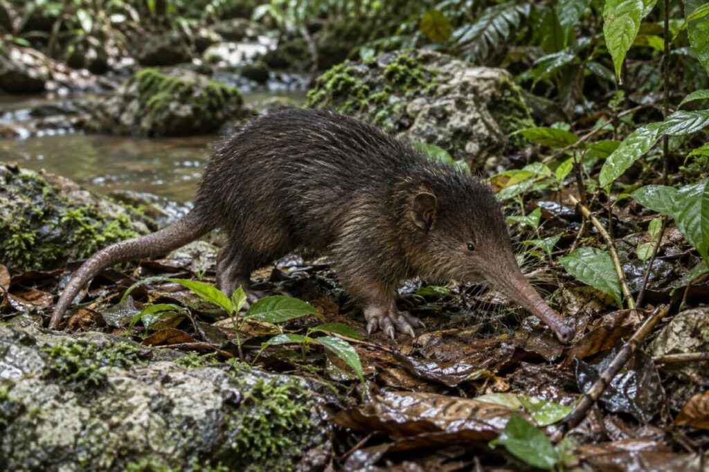 Solénodon de Cuba Atopogale cubana explorant un sous-bois humide après la pluie