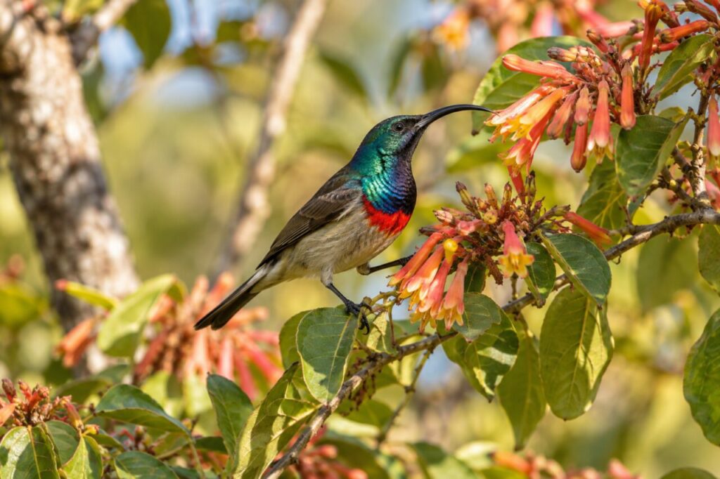 Variable Nektarvogel im afrikanischen Wald — moving through a flowering woodland edge