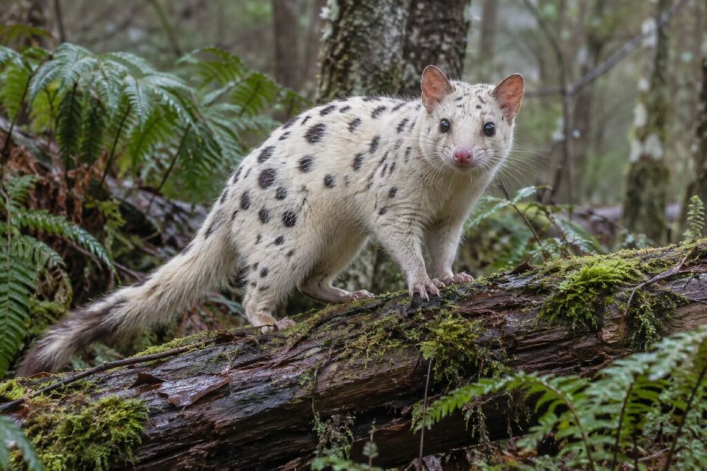 Sous-bois moussu — quoll oriental (*Dasyurus viverrinus*)