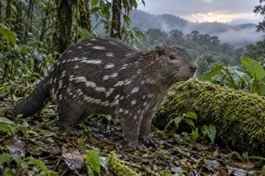 Sous la mousse humide, un pacarana contemple les Andes