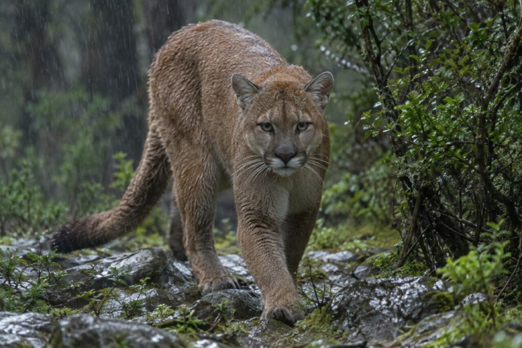 Sous la pluie — puma (Puma concolor) émergeant d’une forêt tempérée sous une pluie fine