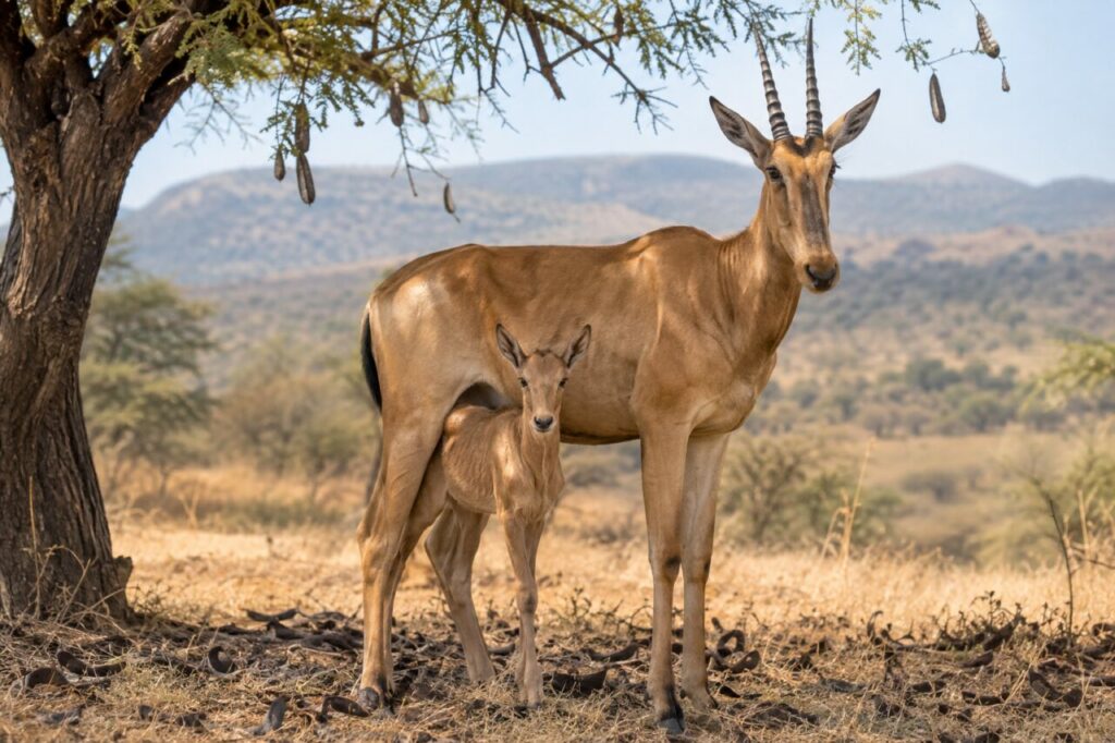 Sous l’acacia, femelle bubale commun et son petit