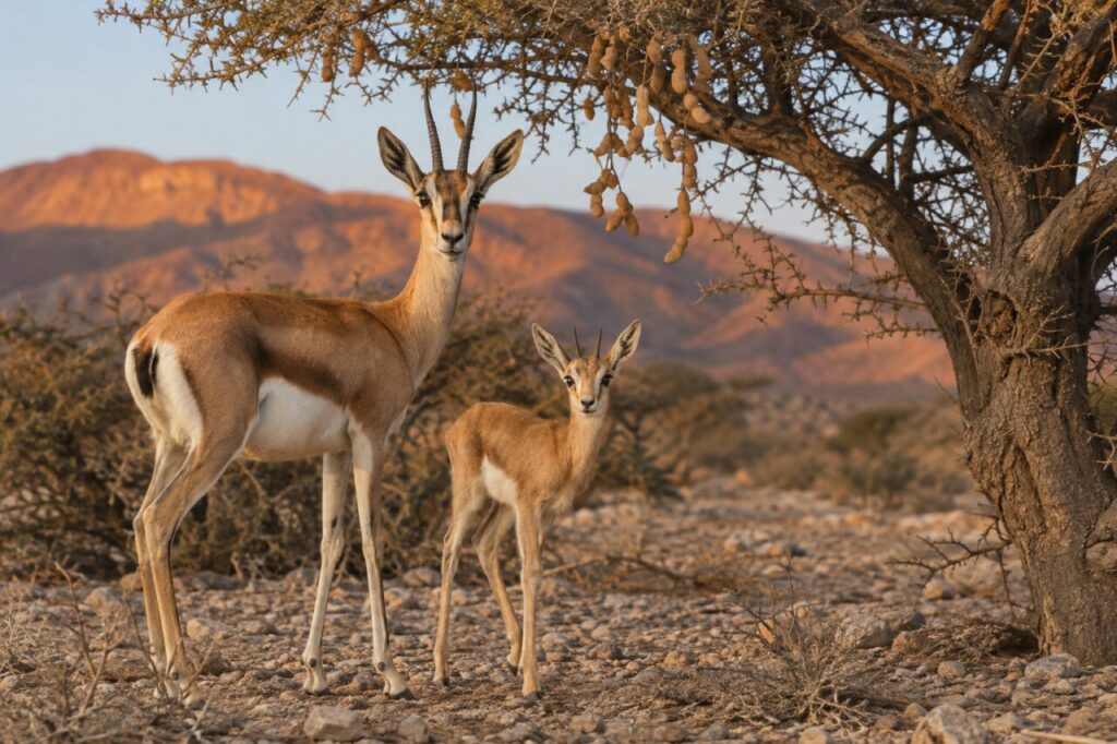 Sous l’acacia, femelle gazelle dorcas et son petit au repos