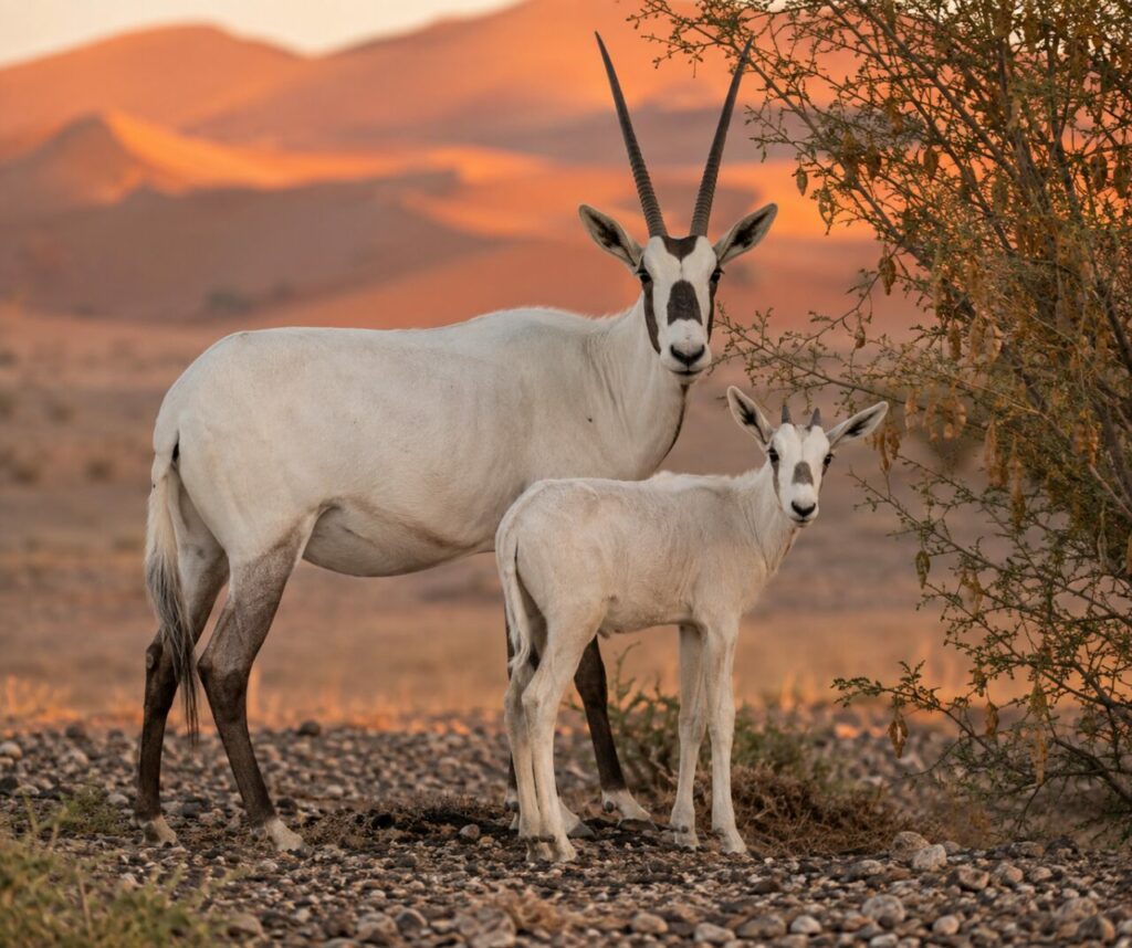 Sous l’acacia, femelle oryx arabe et son petit