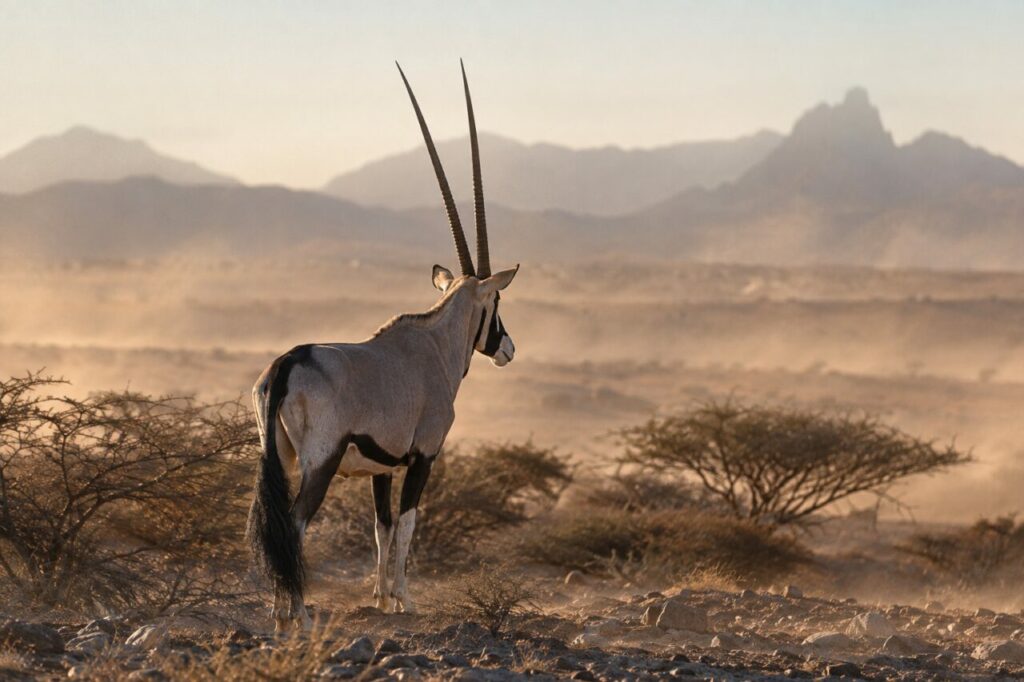 Sous l’acacia, femelle oryx beisa et son petit