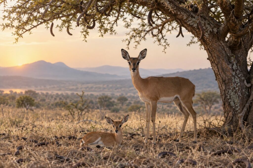 Sous l’acacia, femelle ourébi et son petit au repos