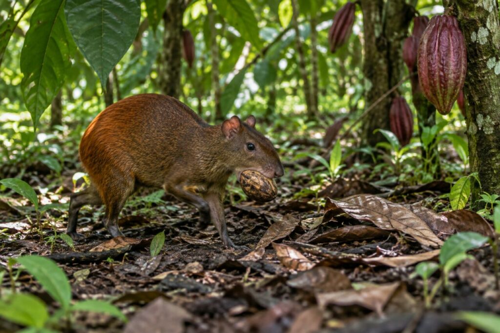 Sous les cacaoyers — agouti d’Amérique centrale (Dasyprocta punctata), transportant une graine entre les feuilles ombrées