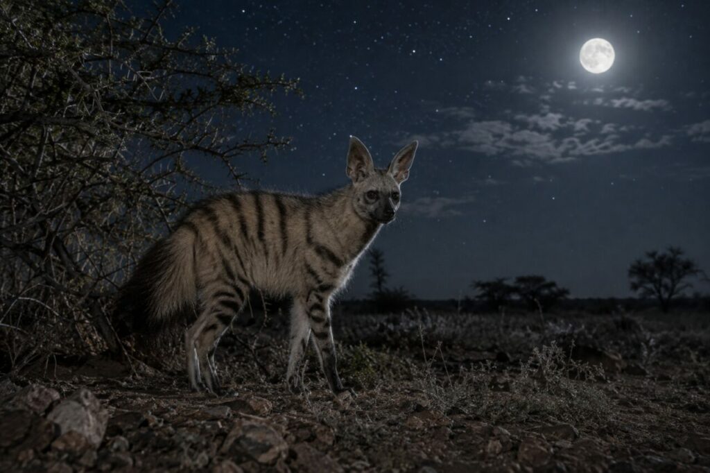 Sous les étoiles, protèle africain près des buissons épineux (Proteles cristata)