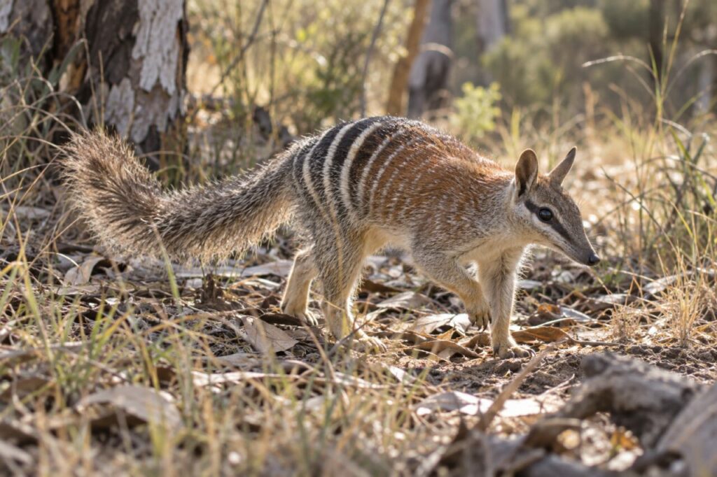 Sous les eucalyptus, le numbat rayé explore la litière sèche