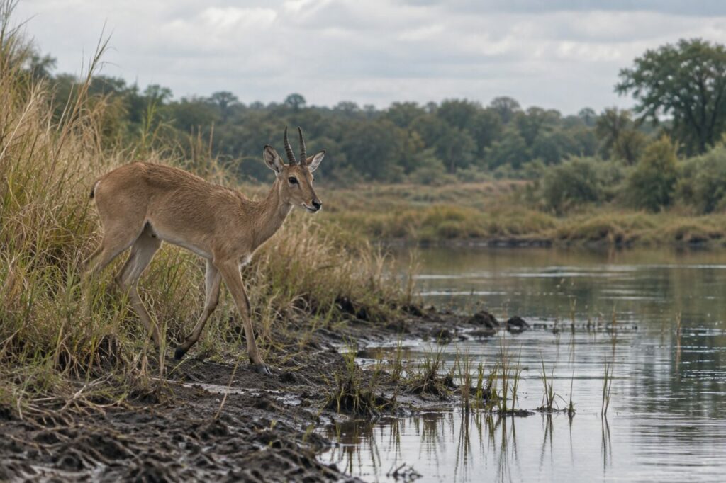 Sur la berge dorée, cobe des roseaux près de l’eau