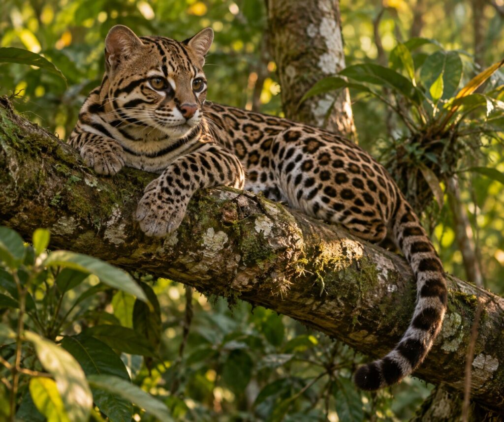 Sur la branche — ocelot (Leopardus pardalis) allongé sur une branche au-dessus du sous-bois