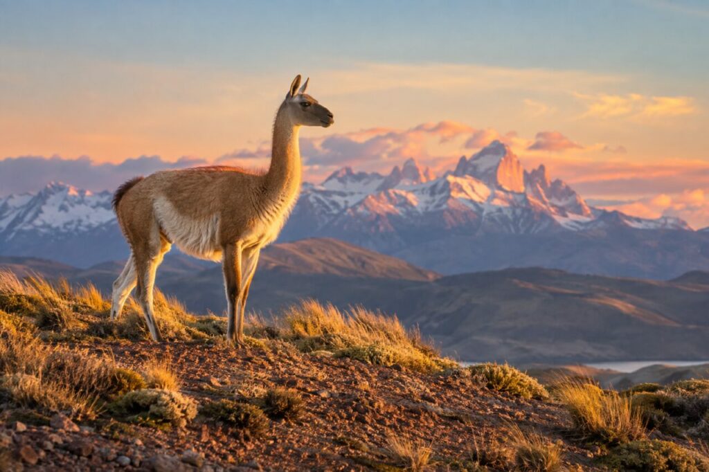 Sur la crête — guanaco (Lama guanicoe) sur une crête à l’heure rose devant les neiges
