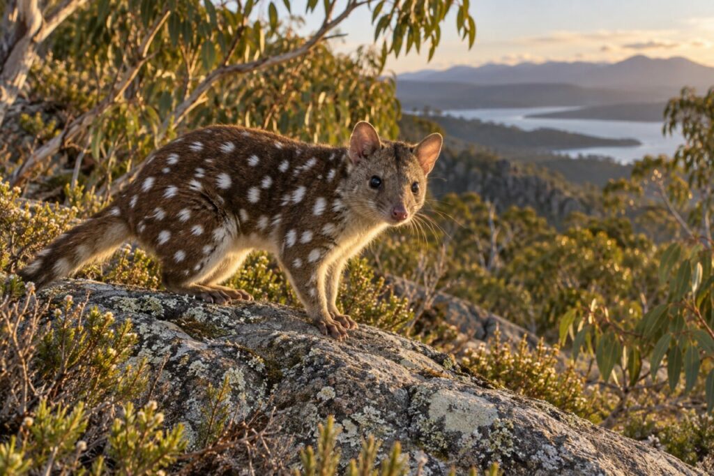 Sur la lande granitique — quoll oriental (*Dasyurus viverrinus*)