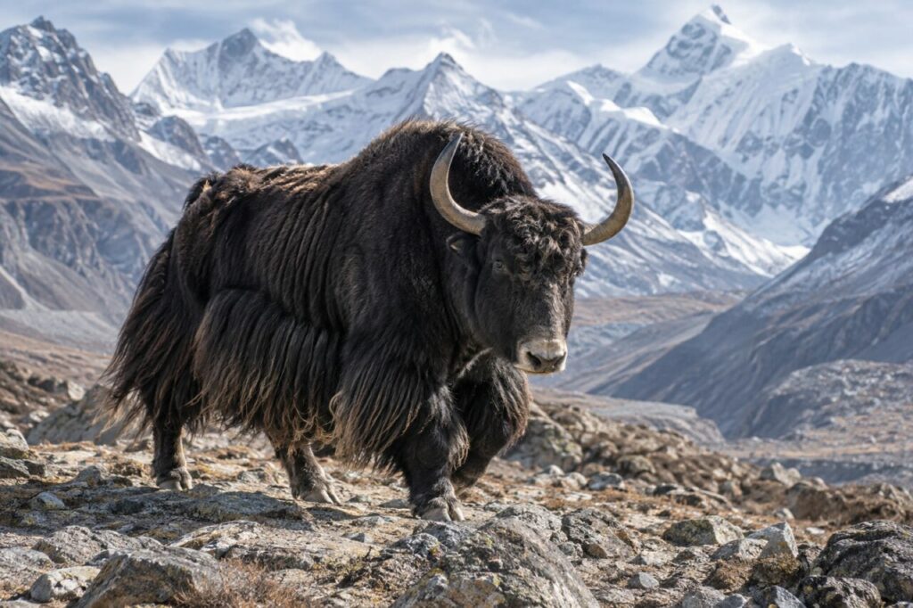 Sur la moraine — yack sauvage (Bos mutus) dans une vallée glaciaire de haute altitude