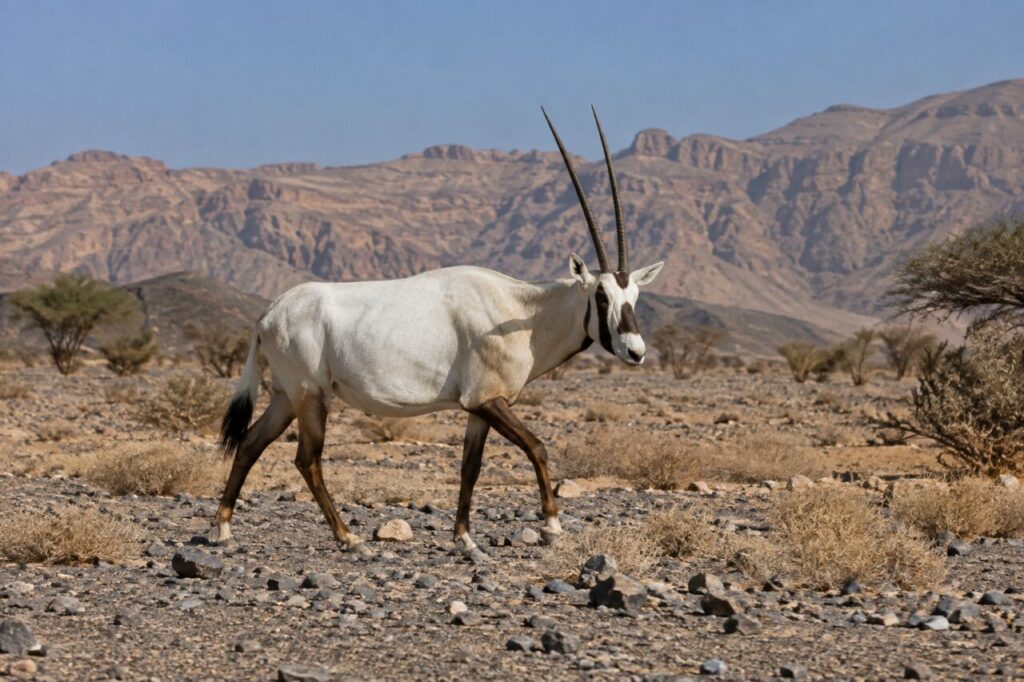 Sur la terre rouge, oryx arabe entre les pierres