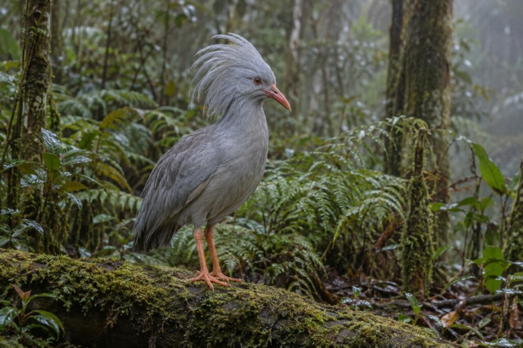 Auf roter Erde sucht ein Kagu aus Neukaledonien nach Nahrung