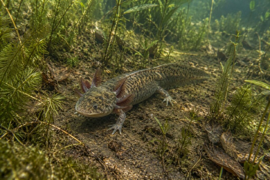 Sur le fond limoneux, l’axolotl sauvage avance parmi les plantes aquatiques