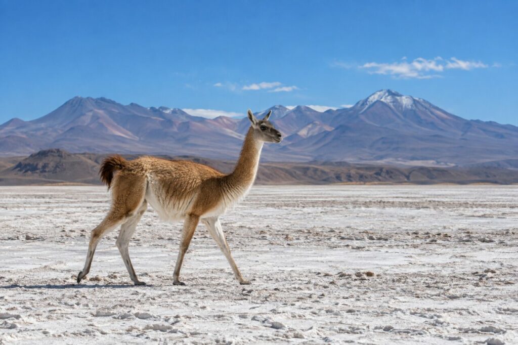 Sur le salar — guanaco (Lama guanicoe) au bord d’un salar entouré de hauts sommets