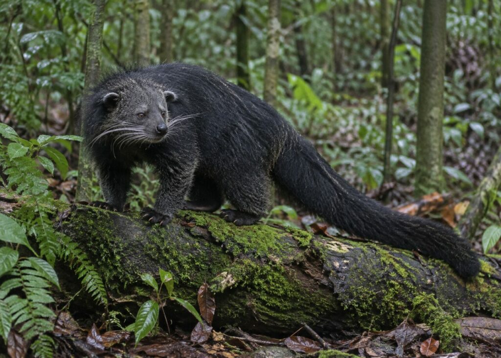 Sur un tronc moussu, binturong à longue queue parmi les fougères (Arctictis binturong)