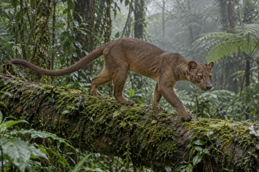 Sur un tronc moussu, fossa (Cryptoprocta ferox) en forêt humide malgache