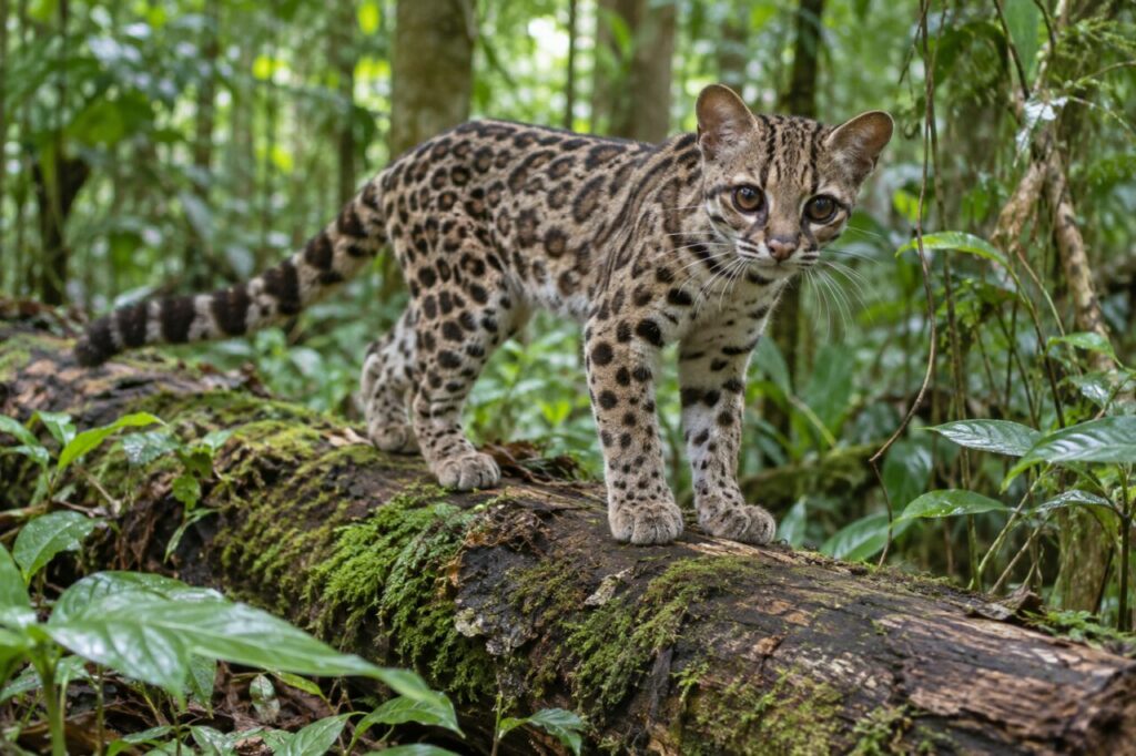 Sur un tronc tombé, le margay parmi les herbes