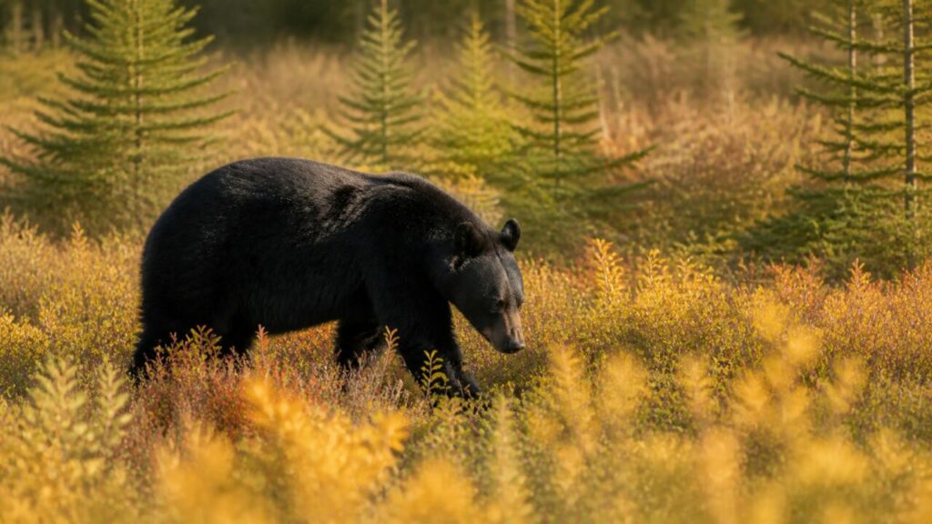 Prato variopinto attraversato da un orso solitario — Orso nero americano