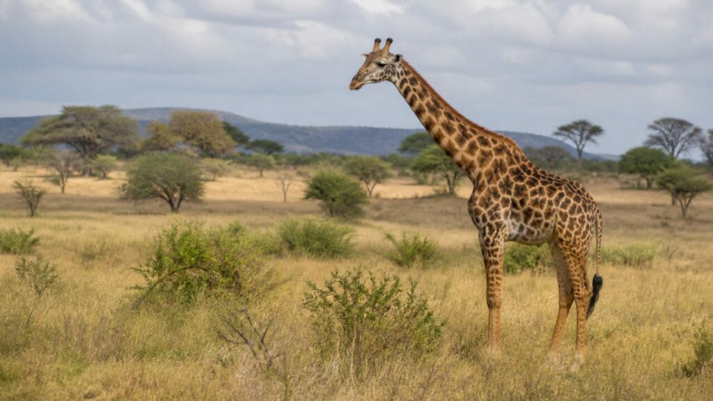 Collo reticolato di giraffa eretto sulla prateria — Giraffa